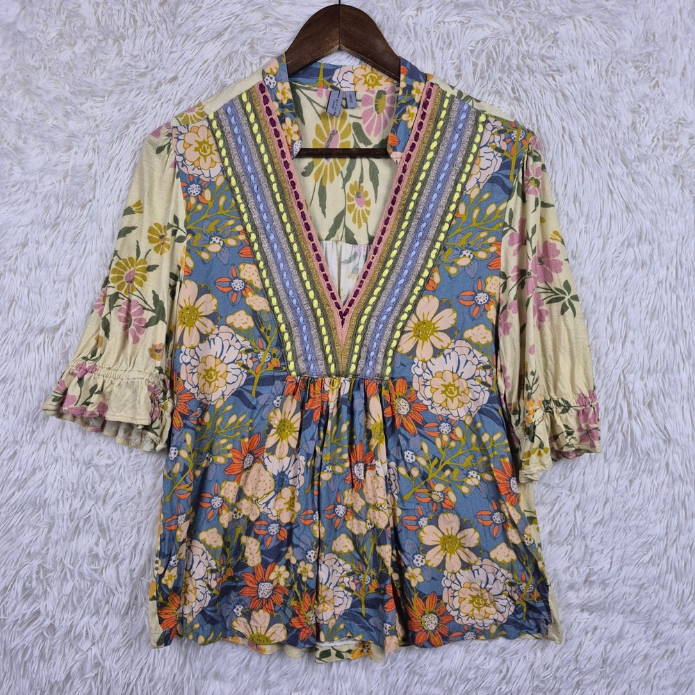 Blank London Floral Babydoll Stephanie Top Embroidered V-Neck Sz Large Boho